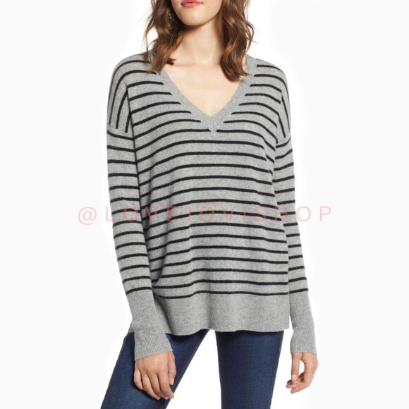 Halogen 100% Cashmere Striped VNeck SweaterElevated...